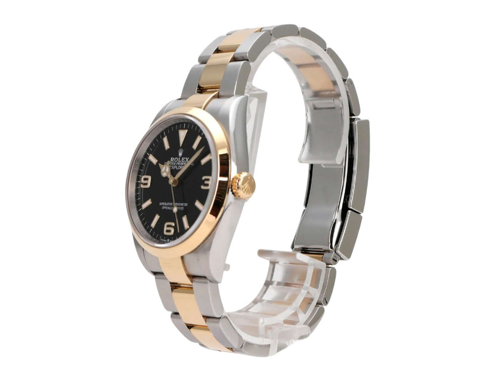 Rolex Explorer 36 Edelstahl Gelbgold 124273 mit schwarzem Zifferblatt, 18 kt Gelbgold-Lünette und Oyster-Armband