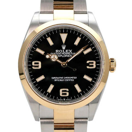 Rolex Explorer 36 Edelstahl Gelbgold 124273 mit schwarzem Zifferblatt, 18 kt Gelbgold-Lünette und Oyster-Armband