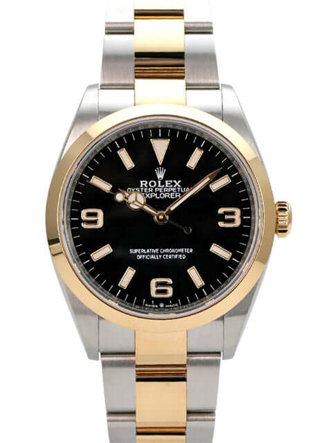 Rolex Explorer 36 Edelstahl Gelbgold 124273 mit schwarzem Zifferblatt, 18 kt Gelbgold-Lünette und Oyster-Armband