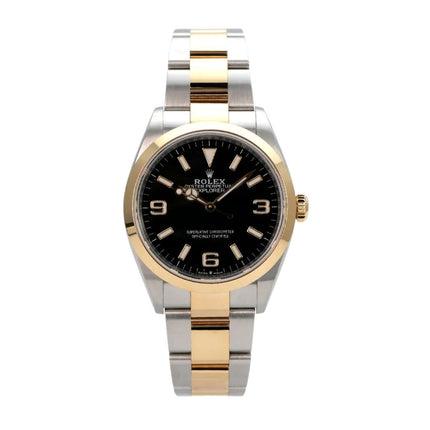 Rolex Explorer 36 Edelstahl Gelbgold 124273, schwarze Zifferblatt-Uhr mit Oyster-Armband, 18 kt Gelbgold-Lünette