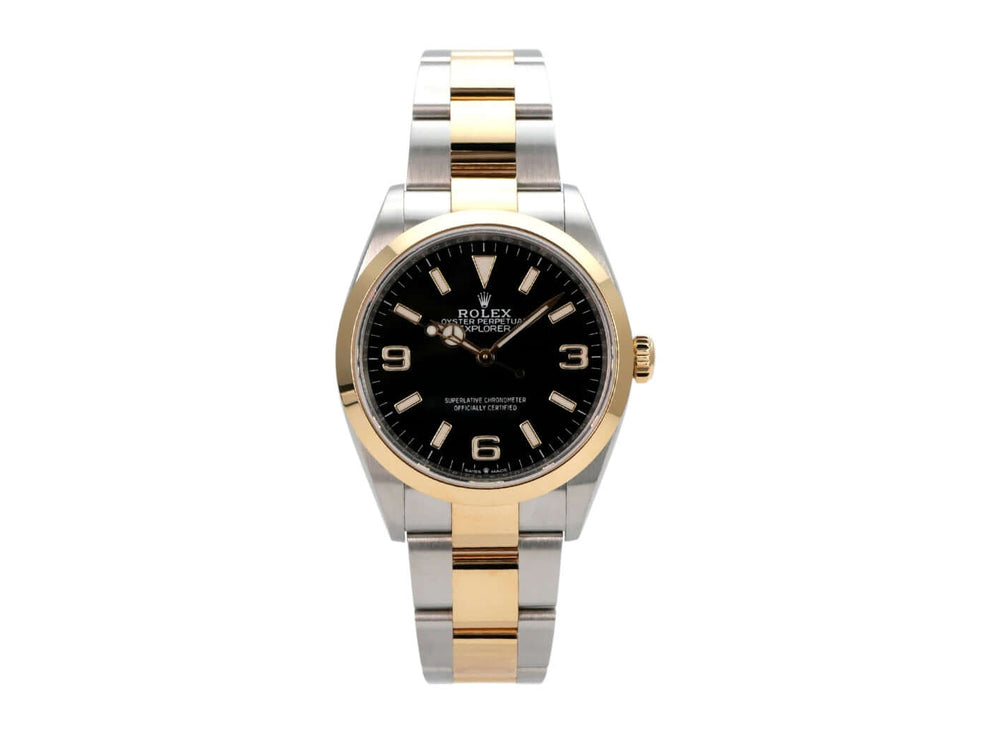Rolex Explorer 36 Edelstahl Gelbgold 124273, schwarze Zifferblatt-Uhr mit Oyster-Armband, 18 kt Gelbgold-Lünette
