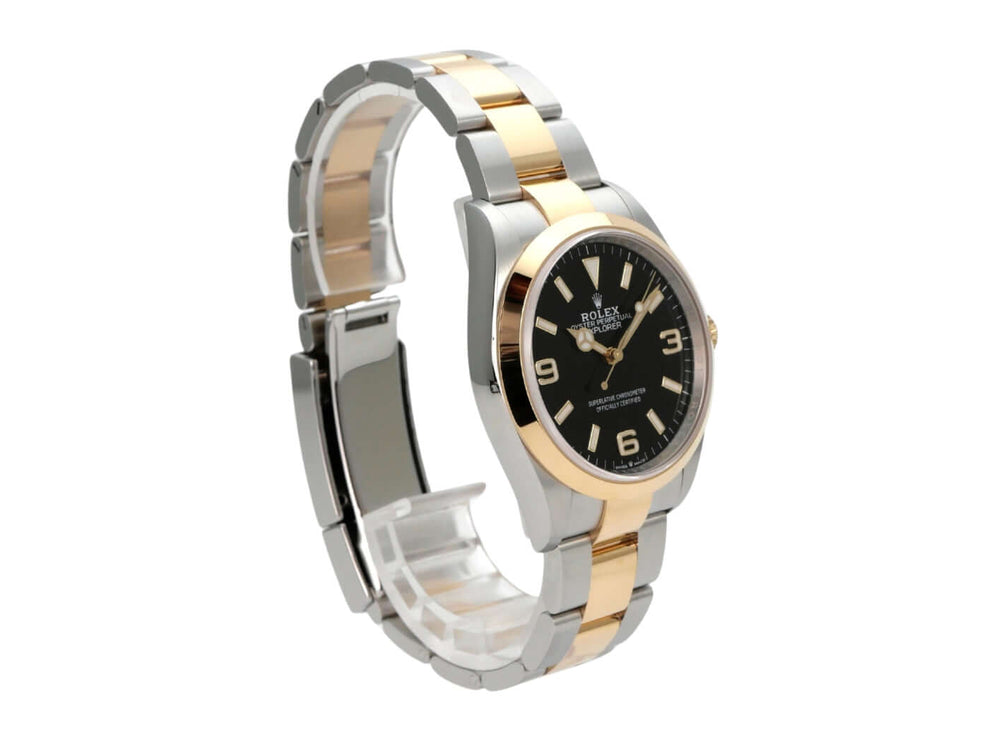 Rolex Explorer 36 Edelstahl Gelbgold 124273 mit schwarzem Zifferblatt, 18 kt Gelbgold-Lünette und Oyster-Armband