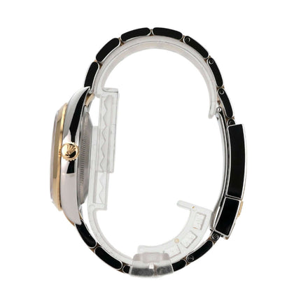 Seitenansicht der Rolex Explorer 36 Edelstahl Gelbgold 124273 mit polierter Lünette und Oyster-Armband.