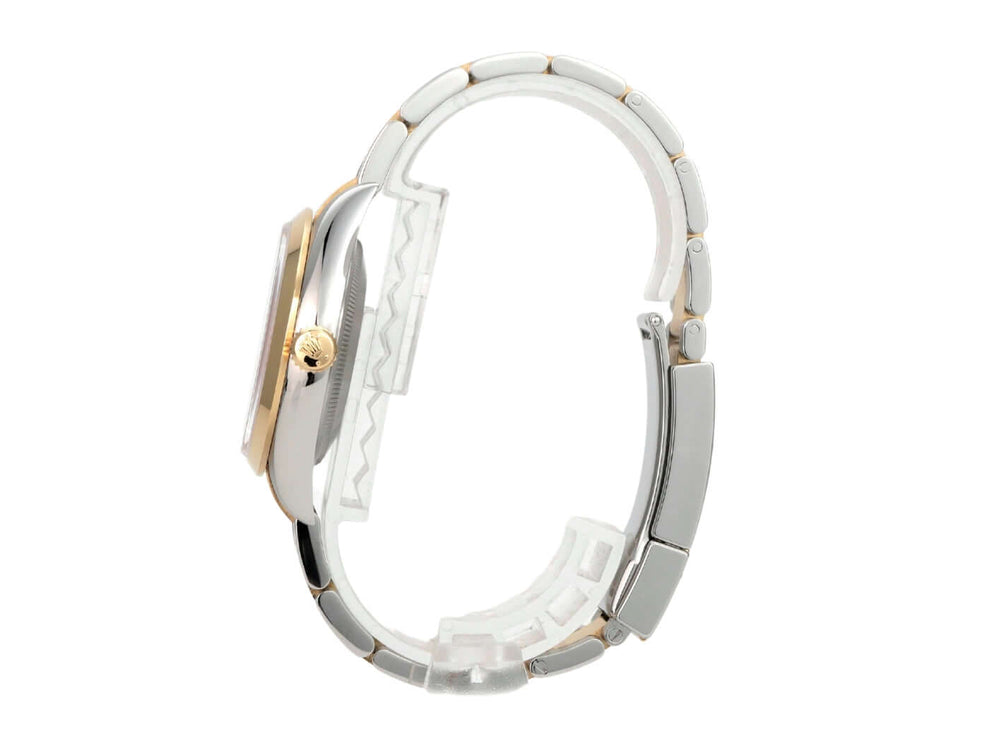 Rolex Explorer 36 Edelstahl Gelbgold 124273: Seitenansicht mit Oyster-Armband und 18 kt Gelbgold-Lünette