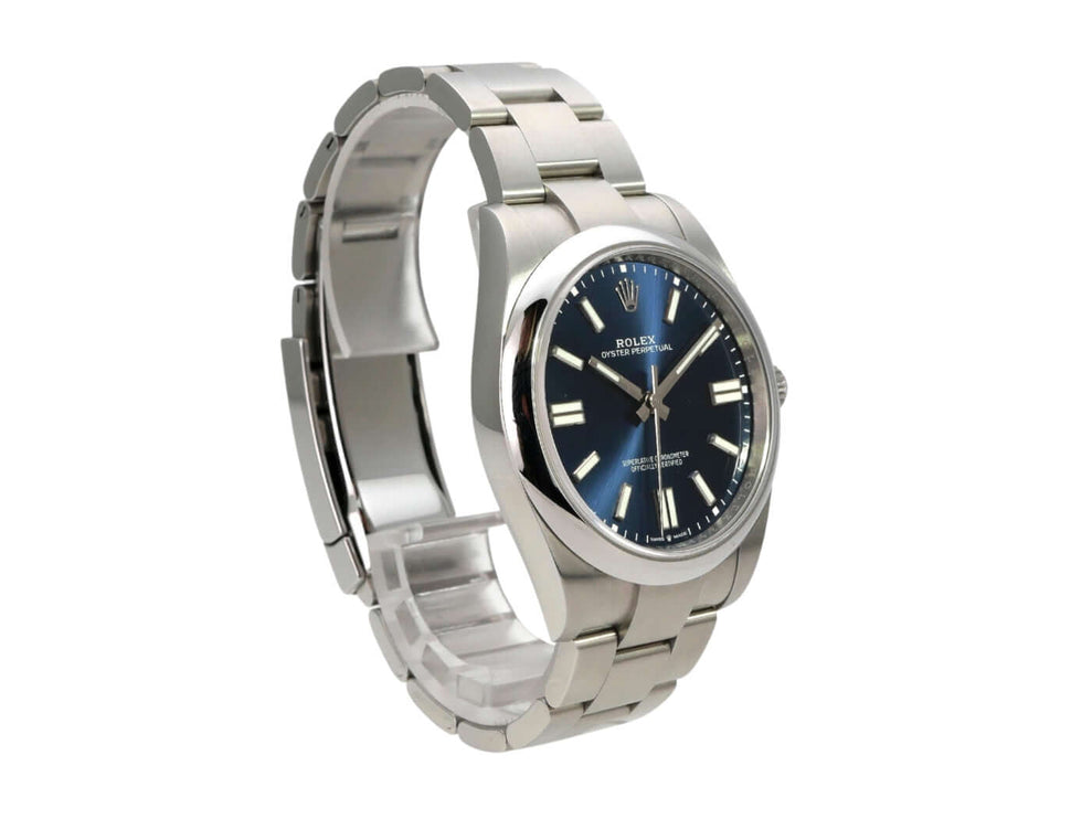 Rolex Oyster Perpetual 41 Ref. 124300 Blau Armbanduhr mit blauem Zifferblatt und Edelstahlgehäuse.
