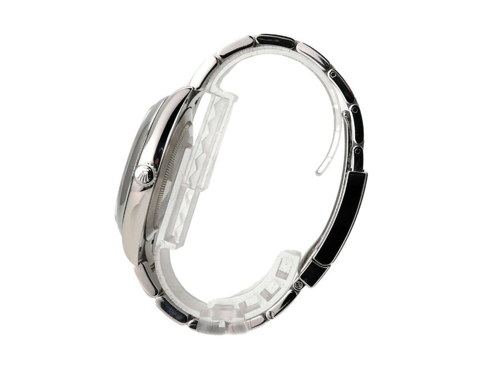 Rolex Oyster Perpetual 41 Ref. 124300 Blau seitliche Ansicht des Edelstahlgehäuses und Armbands.