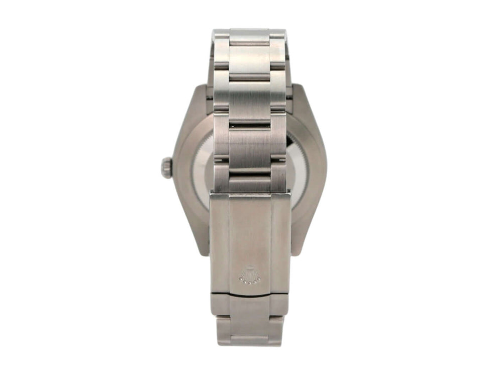 Rolex Oyster Perpetual 41 Ref. 124300 Blau Ansicht von hinten mit Edelstahlband und Faltschließe.