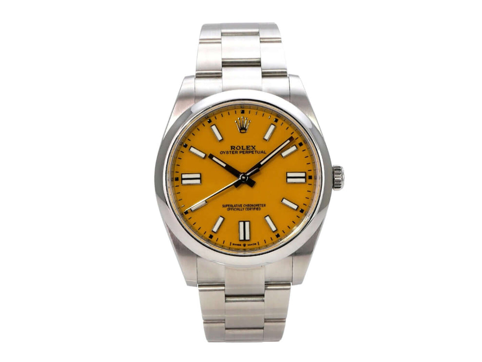 Rolex Oyster Perpetual 41 Ref. 124300 Gelb, gelbes Zifferblatt, Edelstahl, Automatik, gebraucht, sehr guter Zustand
