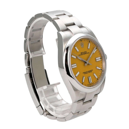 Rolex Oyster Perpetual 41 Ref. 124300 Gelb, gebrauchte Edelstahl-Uhr mit gelbem Zifferblatt und Oysterband