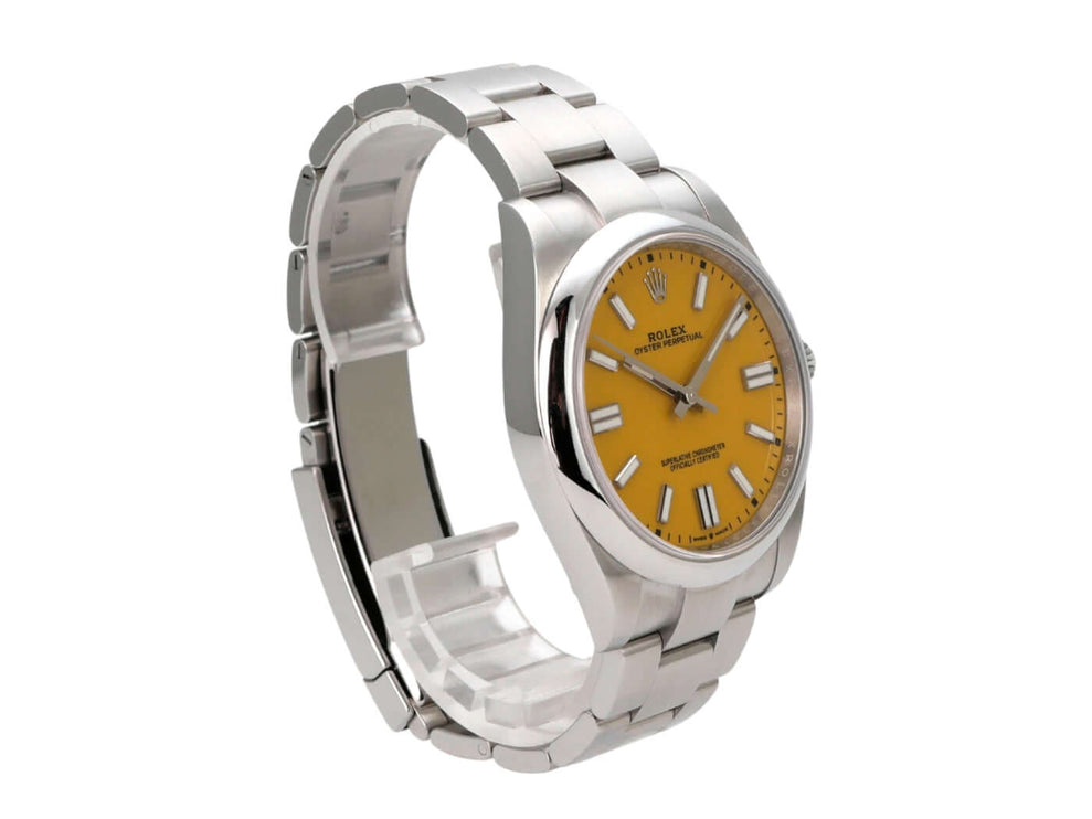 Rolex Oyster Perpetual 41 Ref. 124300 Gelb, gebrauchte Edelstahl-Uhr mit gelbem Zifferblatt und Oysterband