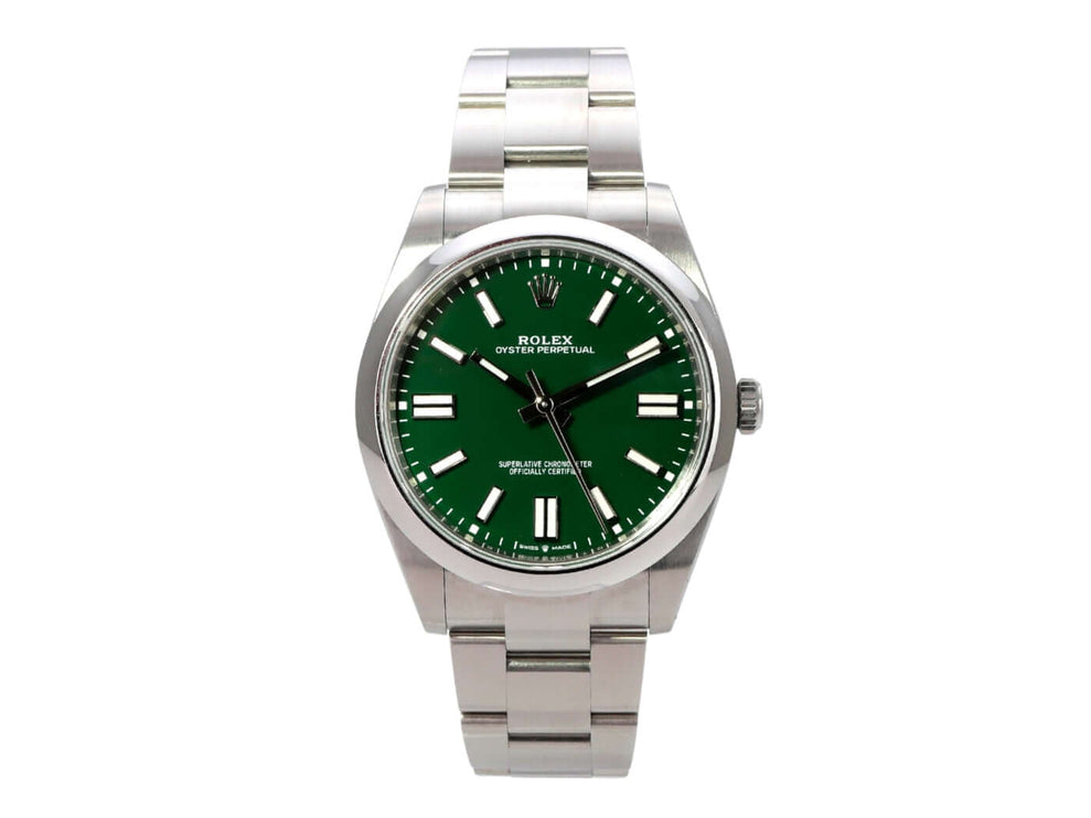 Rolex Oyster Perpetual 41 Ref. 124300 Grün, Edelstahlarmband, grünes Zifferblatt, 41 mm, gebraucht
