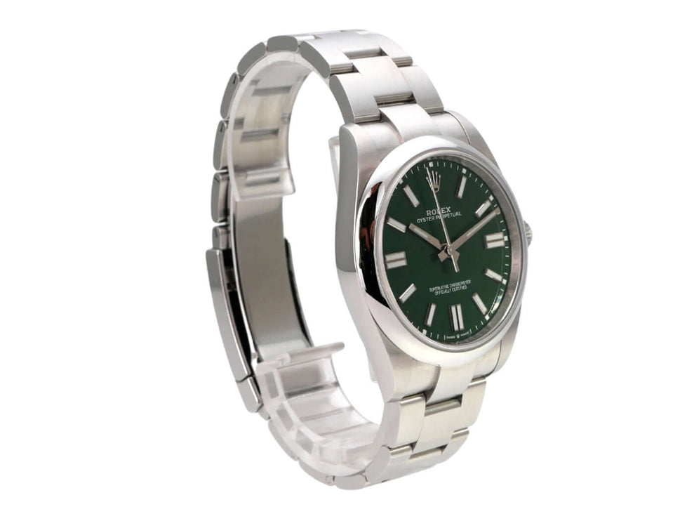 Rolex Oyster Perpetual 41 Ref. 124300 Grün, grüne Zifferblatt Edelstahl Uhr mit Oysterband, gebrauchter Zustand