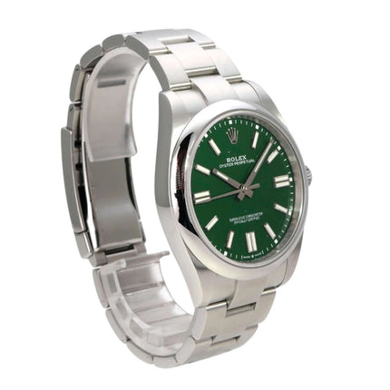 Rolex Oyster Perpetual 41 Ref. 124300 Grün seitliche Ansicht mit grünem Zifferblatt und Edelstahlband.
