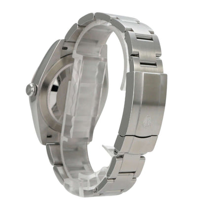 Rolex Oyster Perpetual 41 Ref. 124300 Grün Uhr seitliche Ansicht mit Edelstahlarmband und Gehäuse.