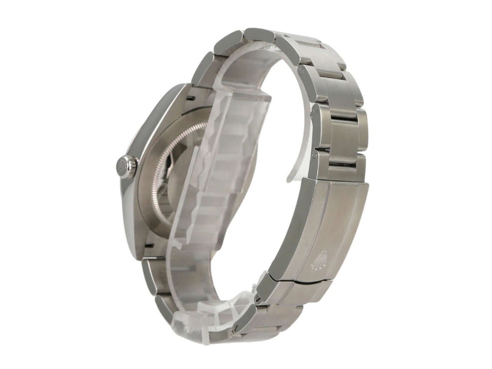 Detailansicht der Rolex Oyster Perpetual 41 Ref. 124300 Schwarz mit Edelstahlarmband.