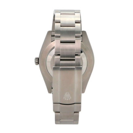 Rolex Oyster Perpetual 41 Ref. 124300 Schwarz Rückansicht des Edelstahlgehäuses und -armbands.