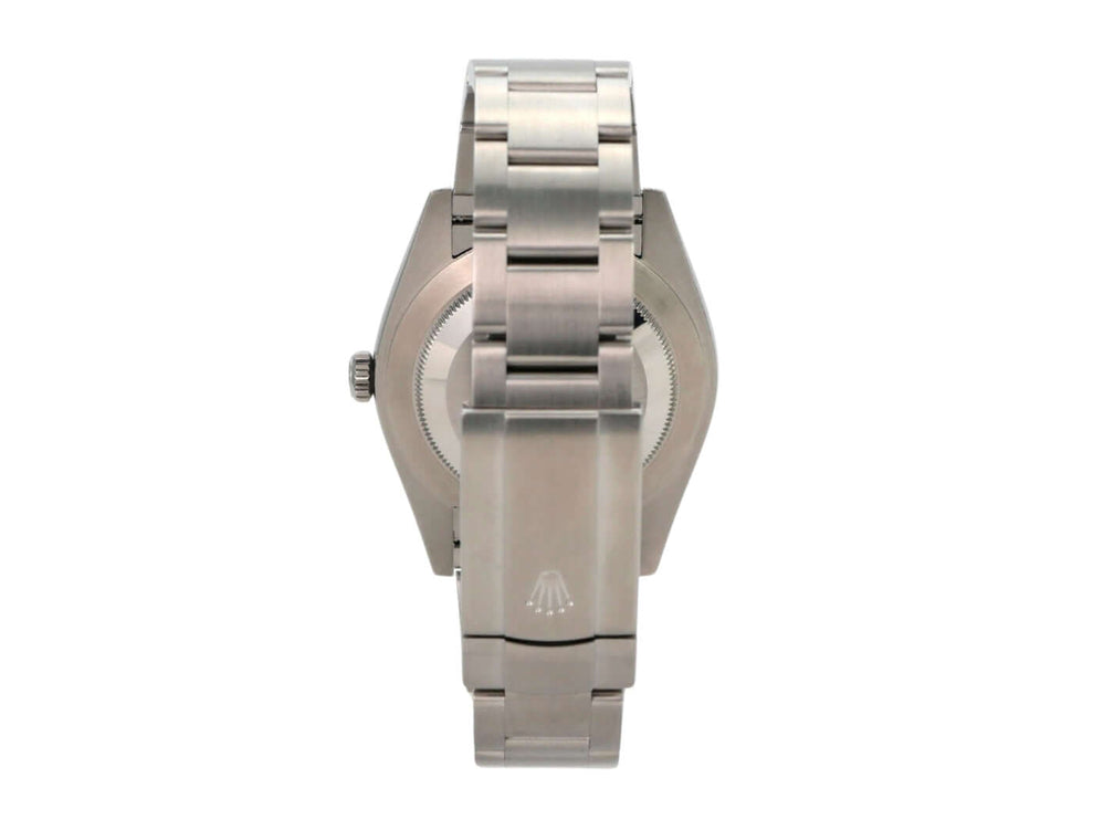 Rolex Oyster Perpetual 41 Ref. 124300 Schwarz Rückansicht des Edelstahlgehäuses und -armbands.