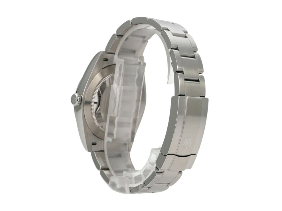 Rolex Oyster Perpetual 41 Ref. 124300 Schwarz Uhr seitlich mit Edelstahlarmband und Gehäuse.