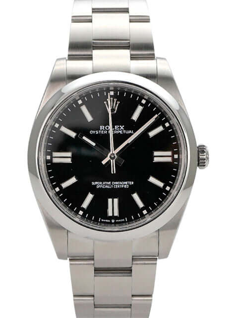 Rolex Oyster Perpetual 41 Ref. 124300 mit schwarzem Zifferblatt und Edelstahlband, 2022 in sehr gutem Zustand.