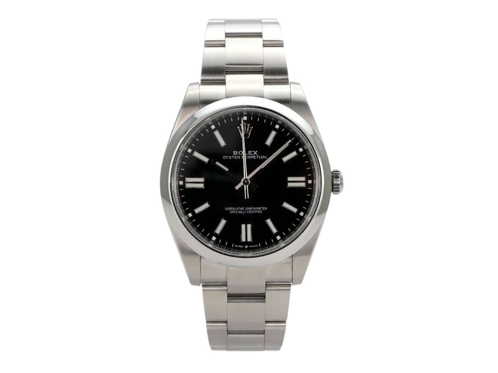 Rolex Oyster Perpetual 41 Ref. 124300 mit schwarzem Zifferblatt und Edelstahlband, 2022, sehr guter Zustand.