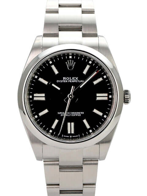 Rolex Oyster Perpetual 41 Ref. 124300 Schwarz mit schwarzem Zifferblatt und Edelstahlband.