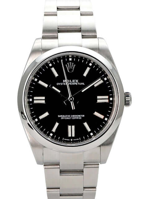 Rolex Oyster Perpetual 41 Ref. 124300 Schwarz Uhrenbild mit schwarzem Zifferblatt und Edelstahlband.