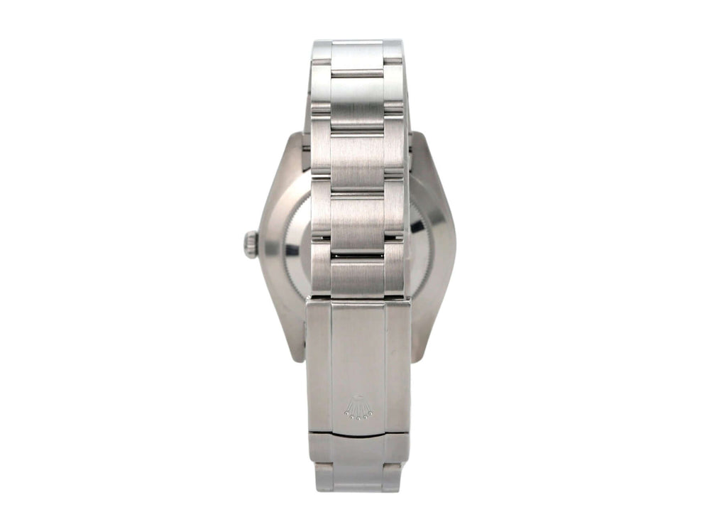 Uhr von der Seite mit Edelstahlband, Rolex Oyster Perpetual 41 Ref. 124300 Schwarz, elegantes Design.