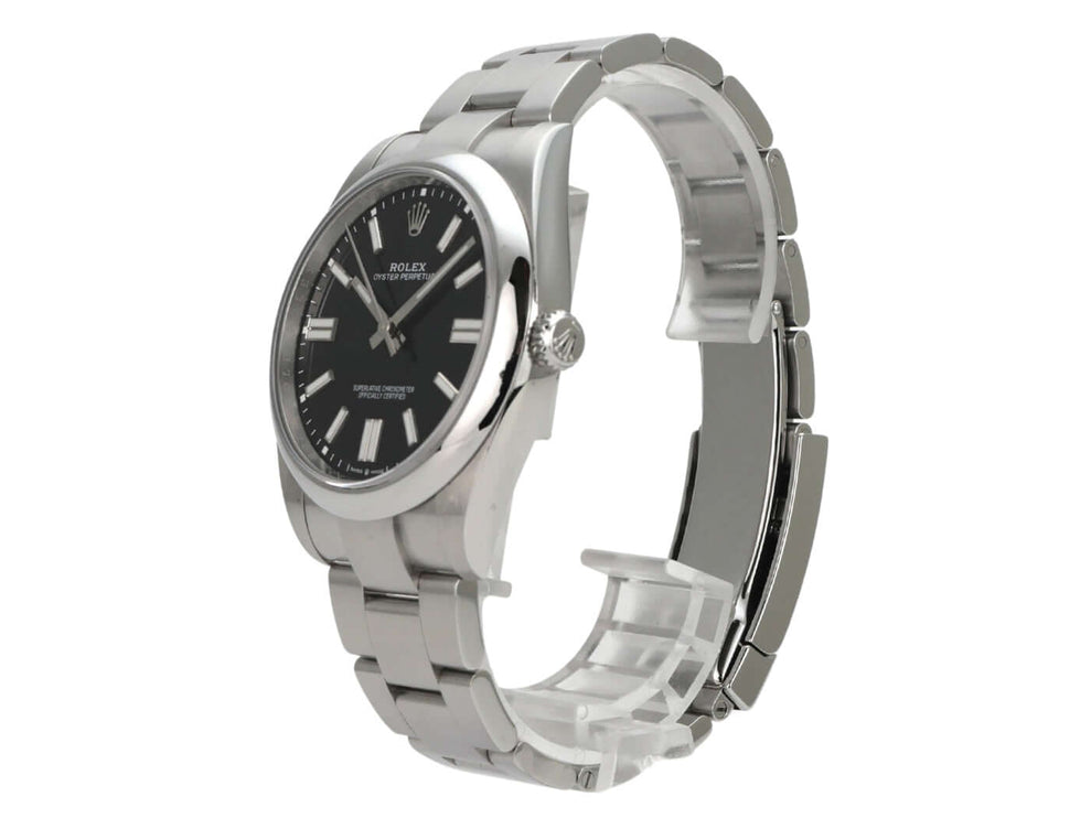 Rolex Oyster Perpetual 41 Ref. 124300 Schwarz Edelstahl Armbanduhr mit schwarzem Zifferblatt und Automatikwerk.