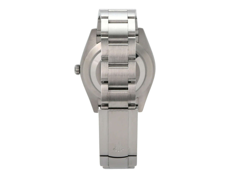 Rolex Oyster Perpetual 41 Ref. 124300 Schwarz mit poliertem Edelstahlband und Rückansicht.