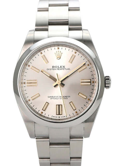 Rolex Oyster Perpetual 41 Ref. 124300 Silber mit silberfarbenem Zifferblatt und Edelstahlband.
