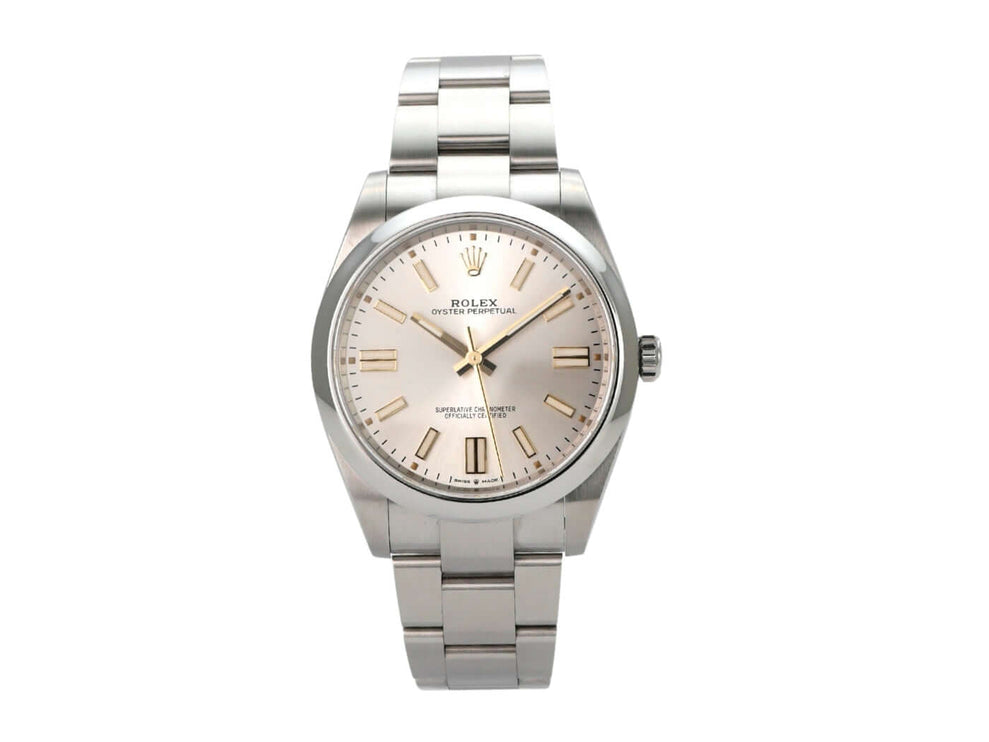 Rolex Oyster Perpetual 41 Ref. 124300 Silber mit silberfarbenem Zifferblatt und Edelstahlband.