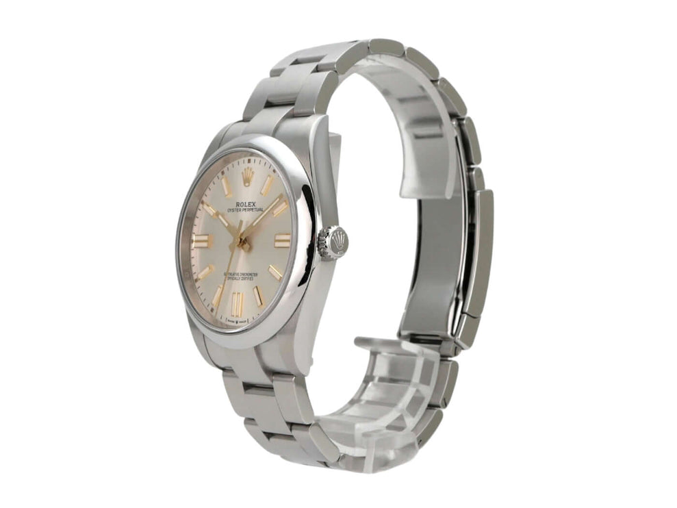 Rolex Oyster Perpetual 41 Ref. 124300 Silber in Edelstahl mit silberfarbenem Zifferblatt und Oysterband.