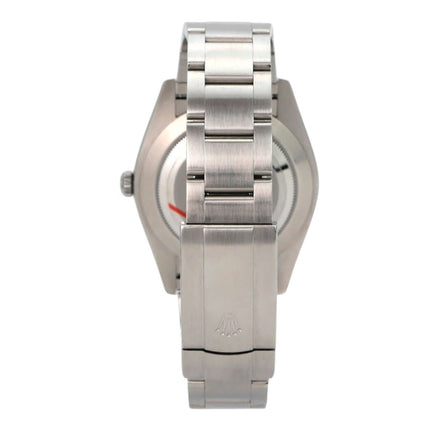 Rolex Oyster Perpetual 41 Ref. 124300 Silber, Edelstahlgehäuse und Armband, Uhr von hinten.