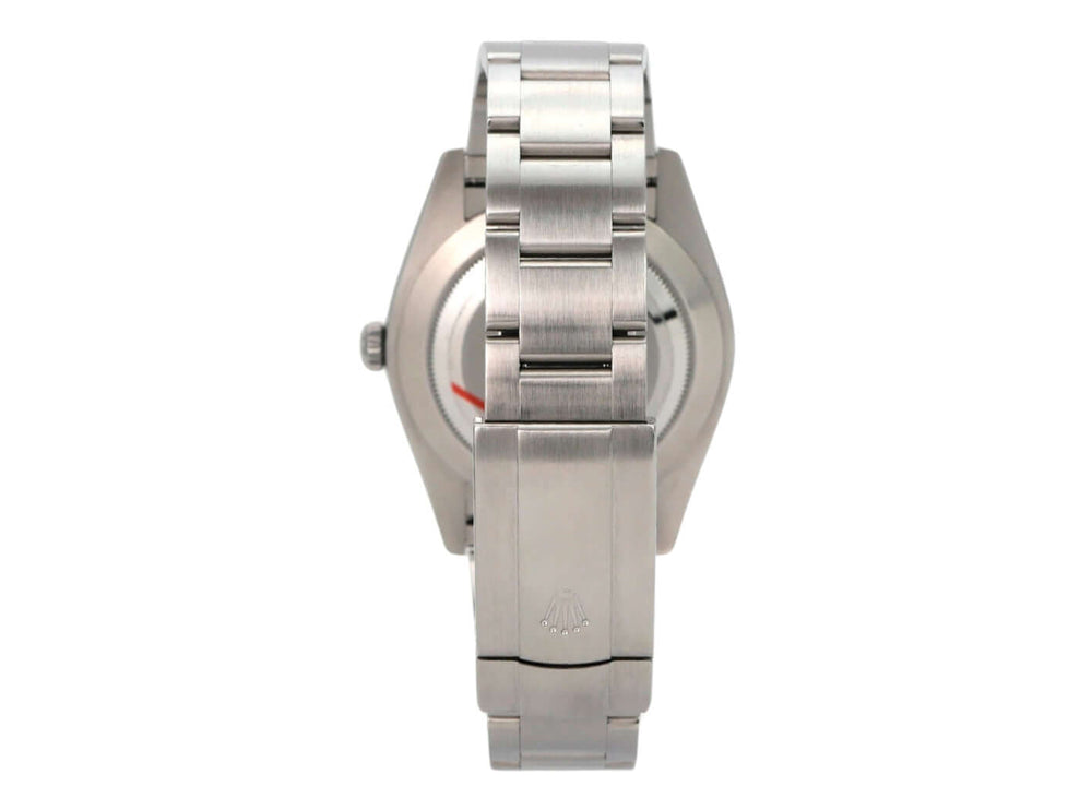 Rolex Oyster Perpetual 41 Ref. 124300 Silber, Edelstahlgehäuse und Armband, Uhr von hinten.
