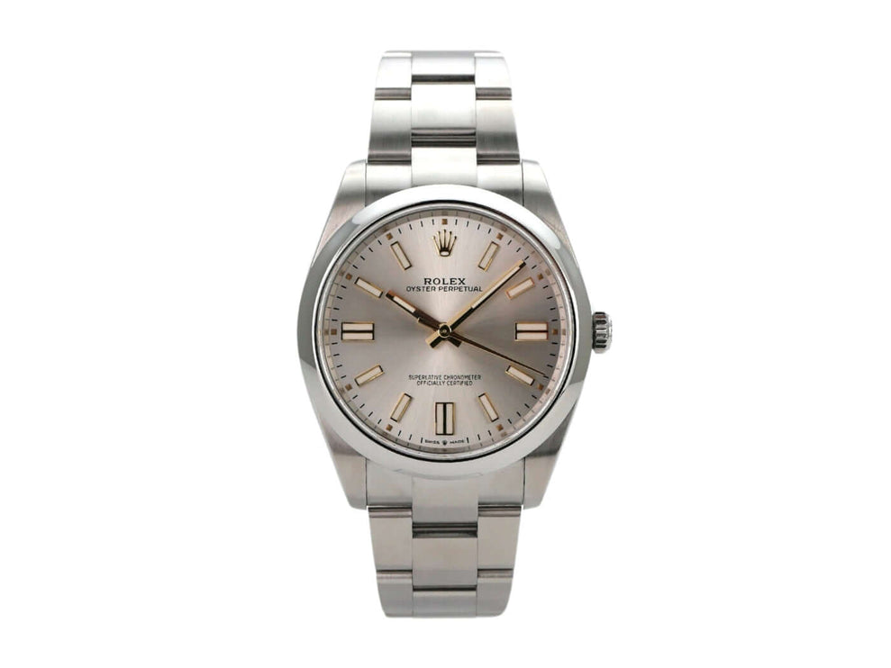 Rolex Oyster Perpetual 41 Ref. 124300 mit silbernem Zifferblatt und Edelstahlband, hervorragender Zustand, wasserdicht, Automatik.