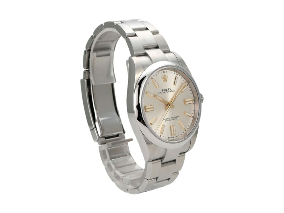 Rolex Oyster Perpetual 41 Ref. 124300 mit silbernem Zifferblatt und Edelstahlarmband, 2023 Modell.