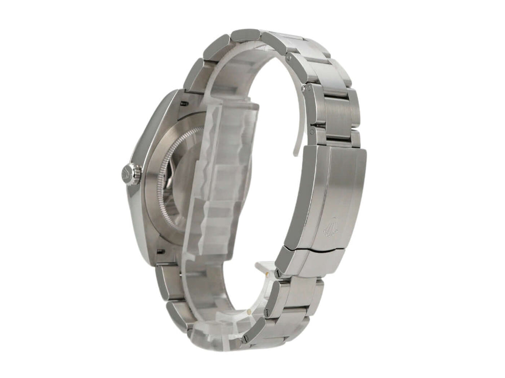 Rolex Oyster Perpetual 41 Ref. 124300 Edelstahlarmband und Gehäuse, detailreiche Seitenansicht der Uhr.