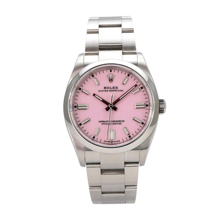 Rolex Oyster Perpetual 36 126000 Candy Pink Uhr mit pinkfarbenem Zifferblatt und Edelstahlarmband.