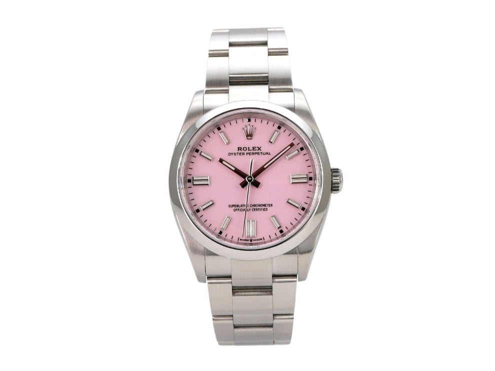 Rolex Oyster Perpetual 36 126000 Candy Pink Uhr mit pinkfarbenem Zifferblatt und Edelstahlarmband.