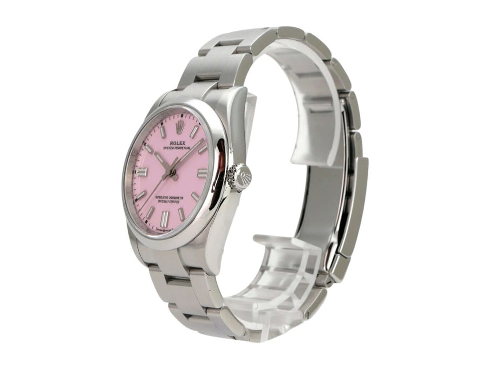 Rolex Oyster Perpetual 36 126000 Candy Pink Uhr mit pinkfarbenem Zifferblatt und Edelstahlarmband.