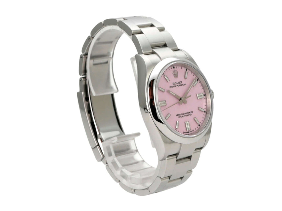 Rolex Oyster Perpetual 36 126000 Candy Pink Armbanduhr mit pinkfarbenem Zifferblatt und Edelstahlarmband.