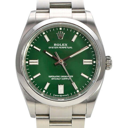 Rolex Oyster Perpetual 36 Ref. 126000 mit grünem Zifferblatt und Edelstahlarmband, Automatikwerk, wasserdicht.