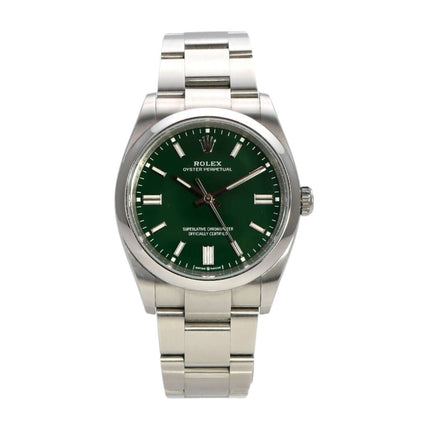 Rolex Oyster Perpetual 36 Ref. 126000 mit grünem Zifferblatt und Edelstahlarmband, sehr guter Zustand, wasserdicht bis 10 bar.