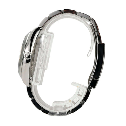 Rolex Oyster Perpetual 36 Edelstahlarmband und Gehäuse, Detailansicht von der Seite, sehr guter Zustand.