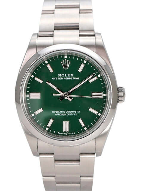 Rolex Oyster Perpetual 36 126000 Grün mit grünem Zifferblatt und Edelstahlarmband.