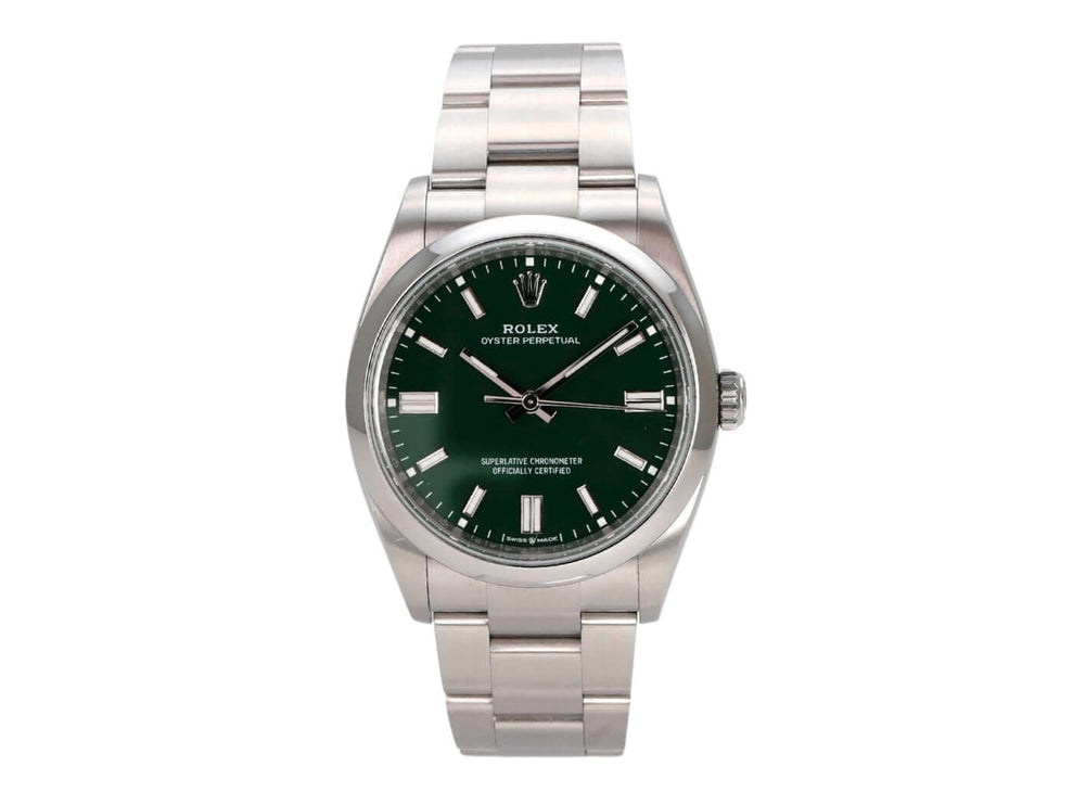 Rolex Oyster Perpetual 36 126000 Grün mit grünem Zifferblatt und Edelstahlarmband, poliert und satiniert.