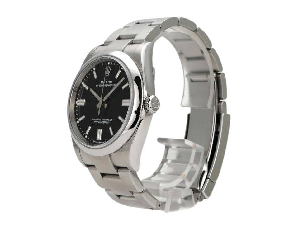 Rolex Oyster Perpetual 36 Ref. 126000 mit schwarzem Zifferblatt und Edelstahlarmband, in sehr gutem Zustand.