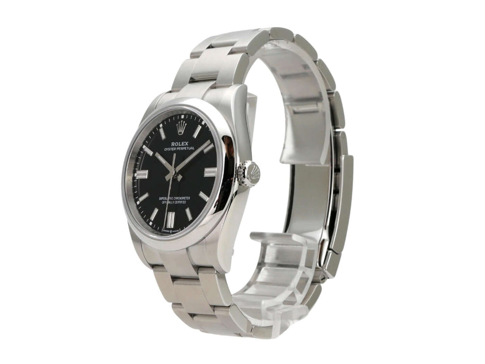 Rolex Oyster Perpetual 36 126000 Schwarz Edelstahlarmband und schwarzes Zifferblatt.