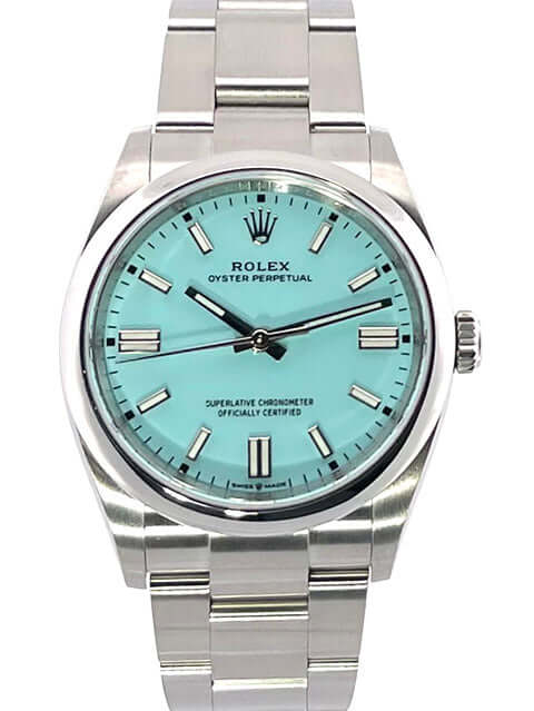 Rolex Oyster Perpetual 36 mm Ref. 126000 in Türkisblau mit Edelstahlgehäuse und -armband.
