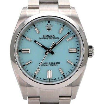 Rolex Oyster Perpetual 36 126000 Türkisblau mit türkisblauem Zifferblatt und Edelstahlarmband.